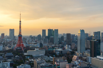 Fototapeta premium Zachód słońca w Tokyo City Skyline, Japonia