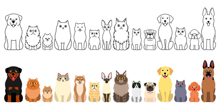 cute cartoon cats and dogs border set, full body