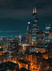 Fototapete Chicago Downtown Chicago Stadtbild Wolkenkratzer Skyline bei Nacht