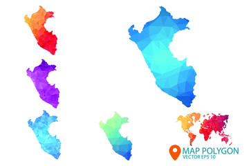 Peru Map - Set of geometric rumpled triangular low poly style gradient graphic background , Map world polygonal design for your . Vector illustration eps 10.