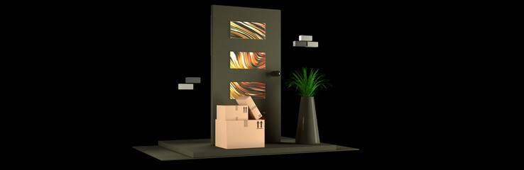 
Front door online delivery service of parcels ordered online and shipped on time, 3D rendering