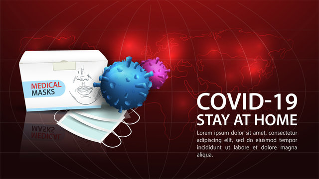 Dark Red Background Design Template Box Of Medical Masks Molecules COVID-19 Coronavirus 2019-nCoV World Map With The Spread Of The Epidemic