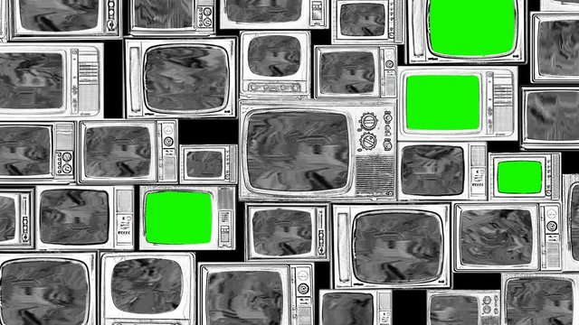 Multiple Old-fashioned style television with analog no signal static noise and progressive integration of green screens for composing, chroma key, video cut out, broadcast. Zoom in, then fixed shot