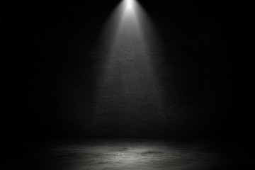 Empty space of Studio dark room black concrete wall and spotlight with concrete floor for showing...