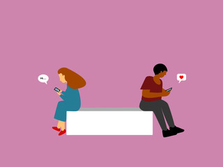 Vector draw cartoon character women and man sit down talk together on phone with messages, flat design social media communication networks isolated in mobile smartphones 