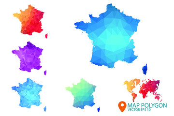 France Map - Set of geometric rumpled triangular low poly style gradient graphic background , Map world polygonal design for your . Vector illustration eps 10.