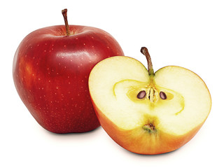 Beautiful red whole apple and cut half of another apple with two bones to an isolated white background