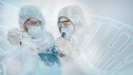 virus researcher with coronavirus covid 19 blood sample on hand experimenting for coronavirus covid 19 antiviral or anti flu drug capsule, coronavirus covid 19 anti flu drug research