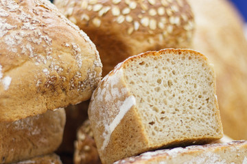 Fresh loaves of rye or wheat bread