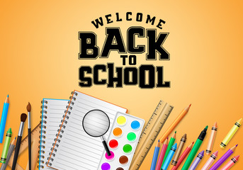 Back to school vector banner design. Welcome back to school typography in yellow space for text with school supplies and education elements like notebook, water color, crayons and magnifying glass.