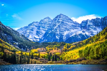 mountain landscape with lake and blue sky