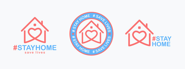 Stay Home, save lives set. Isolated hashtag phrase with heart shaped house icon on white background. Logo or emblem design for poster, web banner or social media. Quarantine coronavirus. Vector