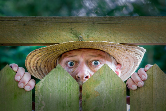 An elderly man in a straw hat looks curiously over a garden fence. Concept: curiosity and neighborhood