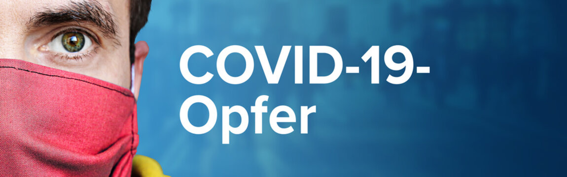 COVID-19-Opfer. Mann mit Mundschutz vor blauen Hintergrund mit Menschen. Corona, Krankheit, Medizin, Gesundheit, Virus