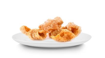 pork snack isolated in white plate on white background