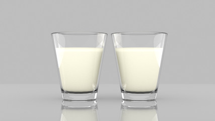 Twin glass of milk front view. 3D rendering