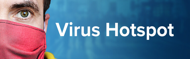 Virus Hotspot. Mann mit Mundschutz vor blauen Hintergrund mit Menschen. Corona, Krankheit, Medizin,...