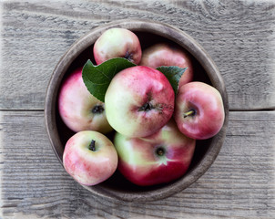 Apples from the garden. Fresh harvest of apples in a wooden bowl on a wooden table.