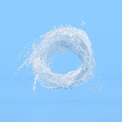 Minimal concept idea of white liquid splash in circle shape on blue background. 3D rendering.