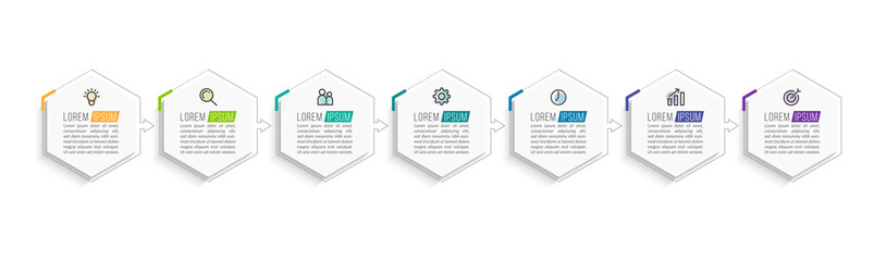 Minimal Business Infographics template. Timeline with 7 steps, options and marketing icons .Vector linear infographic with seven conected elements. Can be use for presentation.