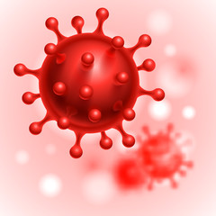 Coronavirus Cells or Bacteria Molecule. Virus COVID-19 Cell in Spherical Shape with Long Antennas. Abstract Illustration in Red Tints on Blurred Background