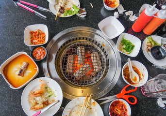 Set of Korean grilled food or BBQ on the fire