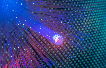 optical fibres dinamic flying from deep on technology background