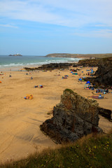 Gwithian Towans (England), UK - August 13, 2015: Rock stack beach at Gwithian Towans, Cornwall, United Kingdom.