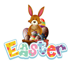 Happy Easter font design with easter bunny and eggs