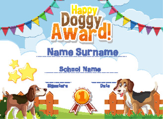 Certificate template design for happy doggy award with cute dogs in the park