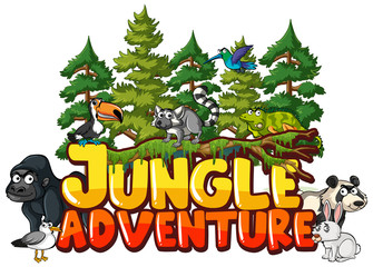 Word design for jungle adventure with many animals