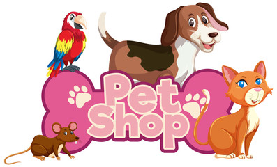 Font design for word pet shop with many animals