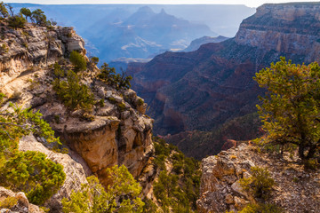 Cocina Limestone Outcroppings Near Maricopa Point with Cheops Pyramid in the Distance, South Rim,...