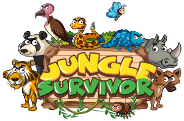 Font design for word jungle survivor with wild animals in background