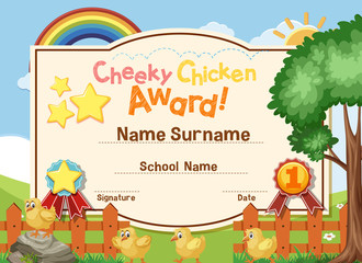 Fototapeta premium Certificate template design for cheeky chicken award with little chicks in background
