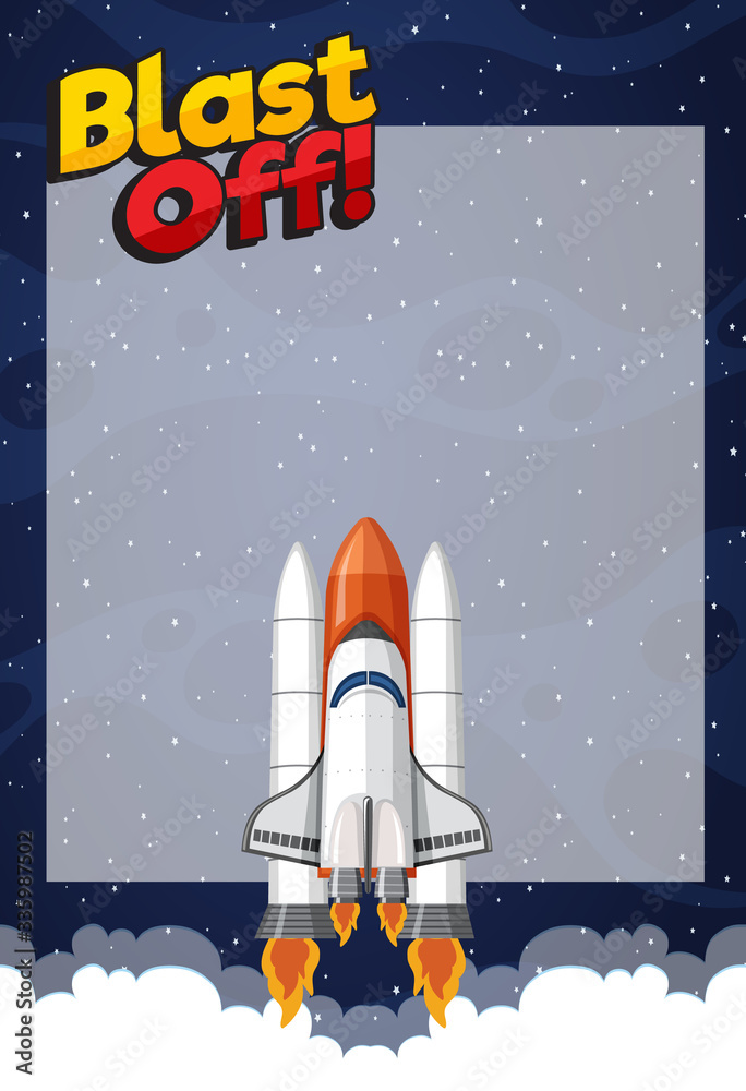 Wall mural frame template with spaceship flying in the space
