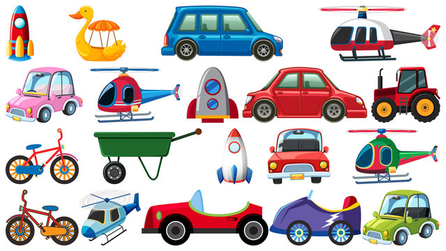 Set of different types of transportations on white background