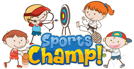Fototapeta na wymiar Font design template for word sports champ with kids playing sports