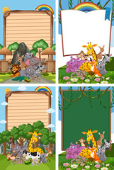 Border template design with many wild animals in background