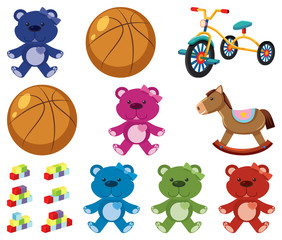 Large set different toys on white background