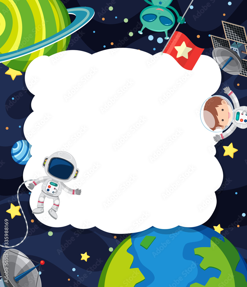 Wall mural frame template with astronaut flying in the space background