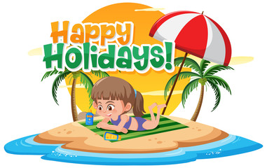 Phrase design for happy holidays with girl on the beach