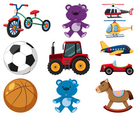 Large set of different toys on white background