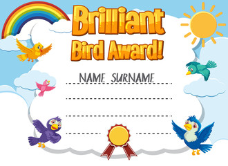 Fototapeta na wymiar Certificate template for brilliant award with birds flying in background
