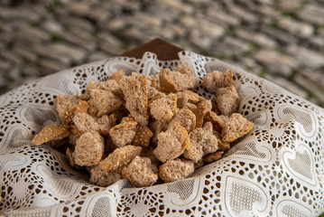 Cubes of delicious and tasty crunchy simit on a table