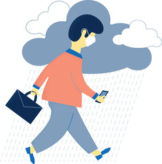 Vector image of workman with briefcase and mobile phone. Clouds and rain. Illustration isolated on white background. 