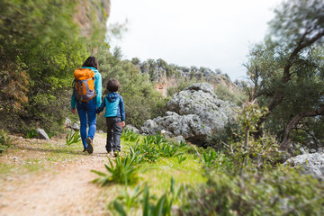 A woman walks with her son through the forest.