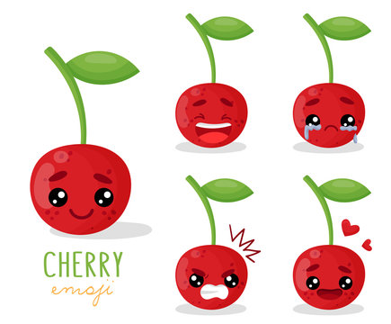 Set of emoji cherry with different emotions, smile, laugh, anger, cry, love. An isolated vector illustration with a shadow under each character.