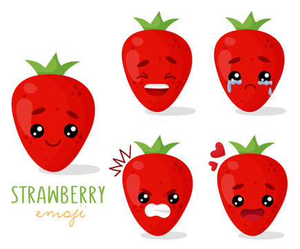 Set of emoji strawberry with different emotions, smile, laugh, anger, cry, love. An isolated vector illustration with a shadow under each character.