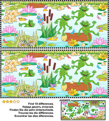 Find the ten differences visual puzzle with playful happy frogs and pond life. Answer included.
